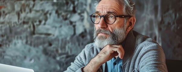Poster - Pensive mature businessman with hand on chin looking away while working in modern office