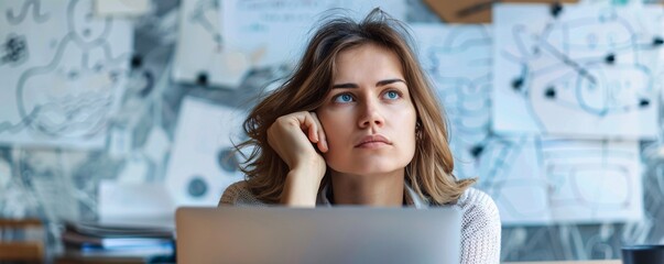 Aufkleber - Young businesswoman is deep in thought while working on her laptop at a startup office, surrounded by brainstorming notes