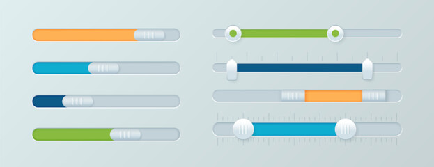 Fototapete - Scroll bar icons vector set. Computer scrollbars, sliders, web design elements for website, graphic ui, app user interface or internet page. Brightness controller, turn on or off toggle switch buttons