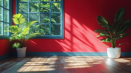 Wall Mural - Red room, plants, sunlight, window, jungle view