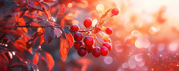 Aufkleber - Red berries and leaves on a branch against a stunning sunset backdrop