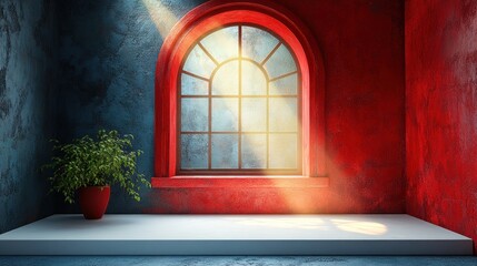 Wall Mural - Red room sunlit arched window display