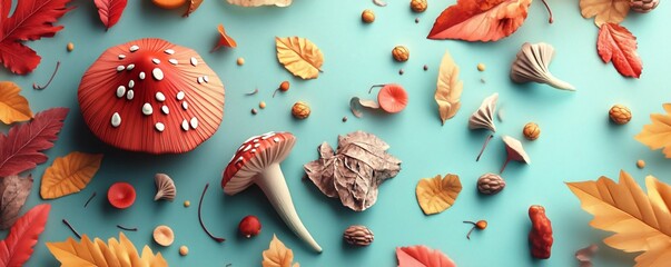 Aufkleber - 3d rendering of a festive autumnal scene with mushrooms and vibrant leaves against a turquoise backdrop, evoking a seasonal atmosphere