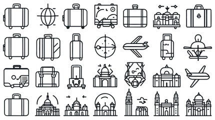 Poster - Line art travel icons: luggage, planes, landmarks. Perfect for digital design, travel apps, and websites.