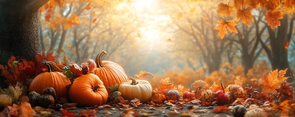 Poster - Assorted pumpkins and gourds are assembled at the foot of a tree, encircled by vibrant autumn leaves