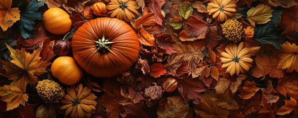 Aufkleber - Create a cozy fall display with a pumpkin, gourds, and vibrant leaves for a festive atmosphere