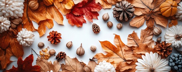 Aufkleber - Vibrant fall arrangement of leaves, pine cones, and flowers forming a border against a white backdrop