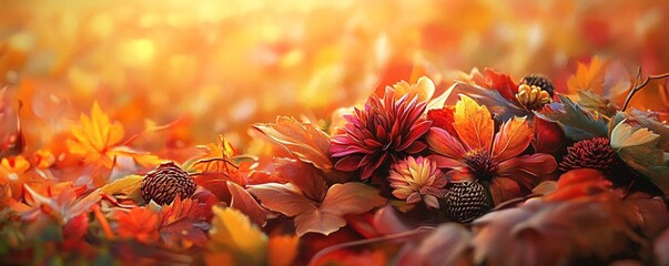 Poster - Colorful autumn flower bouquet resting on the forest floor surrounded by red and orange leaves