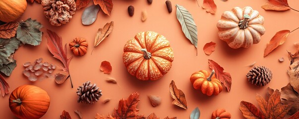 Aufkleber - Autumn composition with pumpkins and leaves lying on orange background