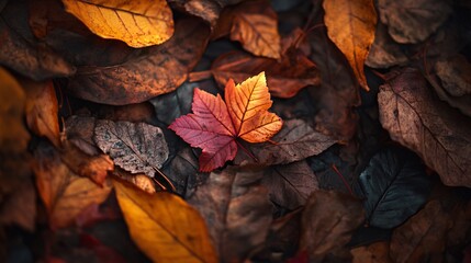Poster - Vibrant red and orange maple leaf rests on a bed of dark brown and orange fallen leaves