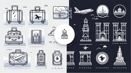 Poster - Line art travel icons: luggage, planes, landmarks. Perfect for digital design, travel apps, and websites.
