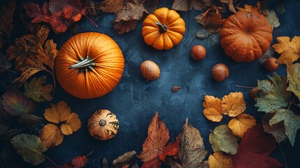 Aufkleber - Autumn composition with pumpkins and colorful leaves lying on dark blue background