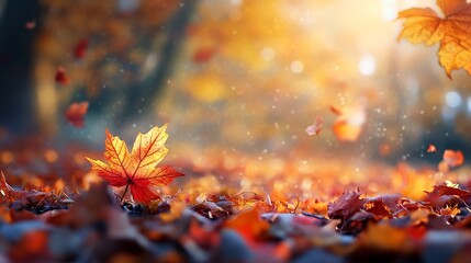 Poster - Vibrant golden maple leaf stands out amidst the fallen leaves on the forest floor in autumn
