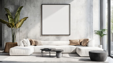 Wall Mural - A modern living room with a white sectional sofa, black coffee table, and large window.