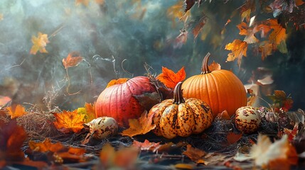 Aufkleber - Three pumpkins resting on weathered wood amidst vibrant fall foliage under gentle lighting