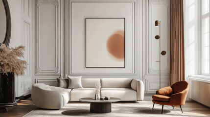 Wall Mural - A modern living room with a large abstract painting, white sofa, armchair, and coffee table.