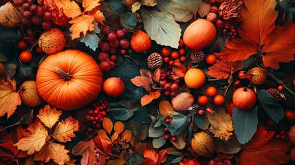 Aufkleber - Captivating autumn still life arrangement featuring an array of seasonal fruits and vibrant leaves