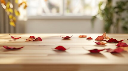 Wall Mural - The empty wooden tabletop with blurred red autumn leaves on a beige abstract background for product display montage, 