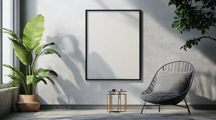 Wall Mural - A minimalist living room with a large window, a gray chair, a plant, and a white wall.