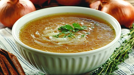 bowl of onion soup garnished with fresh herbs, displaying the use of onion as a key ingredient in a savory dish. Onion, Food made from onion 