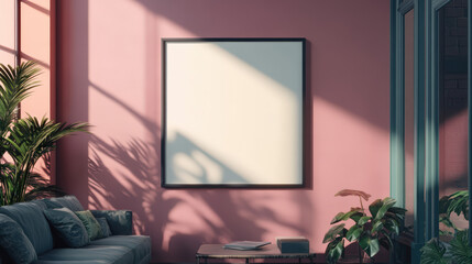 Wall Mural - A pink wall with a white picture frame and a blue couch.