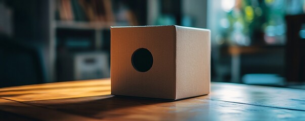 Aufkleber - Plain cardboard box sits on a table, featuring a flawlessly circular hole cut into it