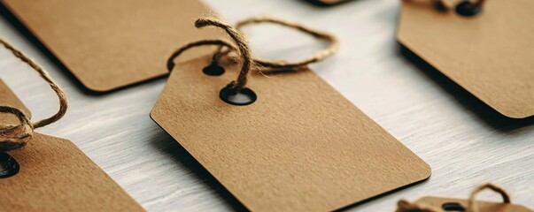 Poster - Brown cardboard tags hanging from strings on a white table, ready to be personalized with a message