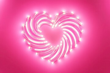 Wall Mural - A vibrant solid pink background with a heart made entirely of glowing neon tubes arranged in a spiral pattern, radiating soft light.