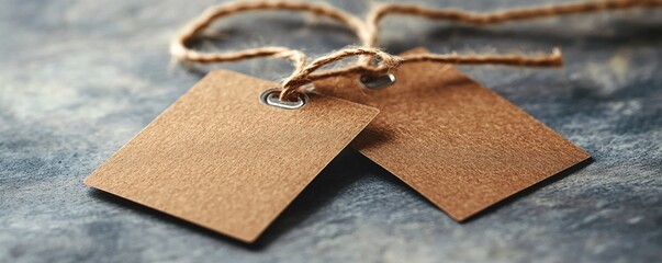 Aufkleber - Pair of brown labels with string on a blue background, offering space for your text
