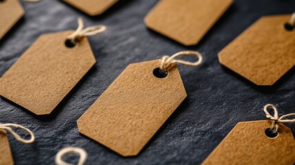 Poster - Many blank brown cardboard price tags with string laying on a dark stone surface