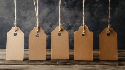 Poster - Five blank brown paper labels are hanging from threads on rustic wooden table against dark background
