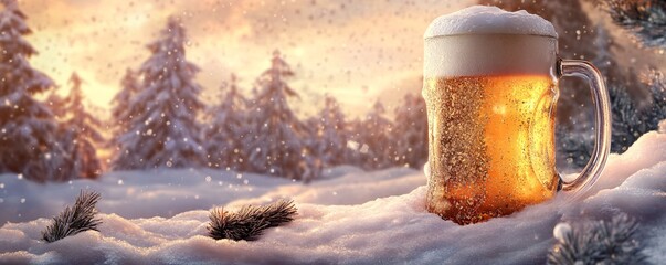Poster - Winter wonderland: a beer mug chilling in the snow and pine branches