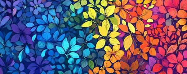 Poster - Colorful floral background changing from blue to yellow and red with leaves and flowers