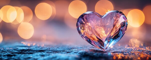 Poster - Glittering crystal heart rests on a textured surface against a warm bokeh backdrop