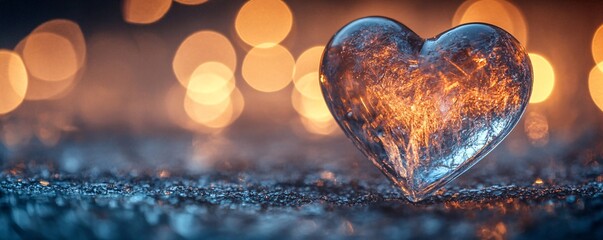 Poster - Icy heart emitting light from within against a dark, shimmering backdrop with bokeh
