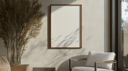 Wall Mural - A minimalist living room with a large window, a white armchair, and a tall plant.