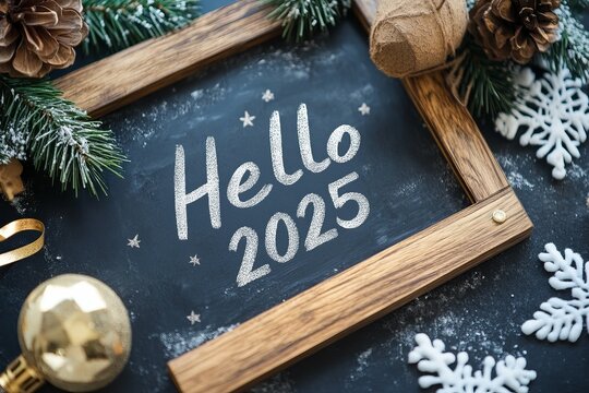Handwritten Hello 2025 greeting on a chalkboard.