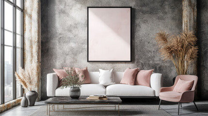 Wall Mural - A modern living room with a large window, white sofa, pink armchair, and a large plant.