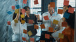 © Summit Art Creations - Portrait of professional business team brainstorming marketing idea by using sticky notes to share creative idea at glass wall. Group of diverse business team discuss about strategy. Manipulator.