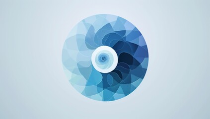 Poster - Logo design, blue and white color scheme, abstract circular shape with various shades of light colors, with an open eye in the center.