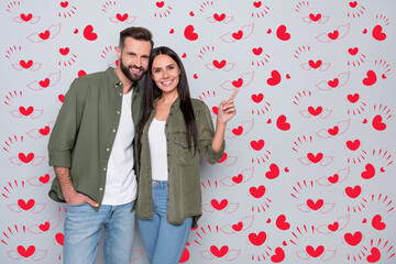 Aufkleber - Photo of young lovely boyfriend girlfriend indicate finger empty space select suggest proposition isolated over grey color background