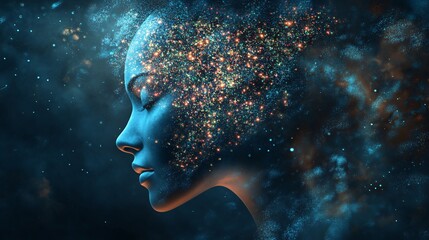 Poster - Woman is bathed in glowing particles radiating from her head, representing spirituality, awareness, and the unity of all things