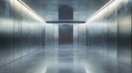 Poster - Empty metallic corridor with modern elevator doors opening at the end
