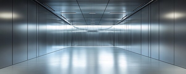 Fototapete - Modern building's bright metallic corridor reflecting artificial light