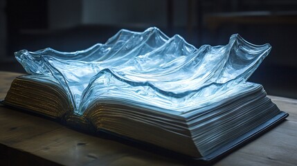 Poster - Glass ocean waves sculpture cascading from an open book bathed in blue light