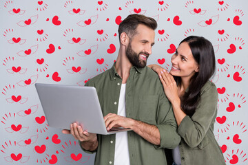 Poster - Photo of affectionate married guy lady use netbook browsing web discount typing isolated over grey color background