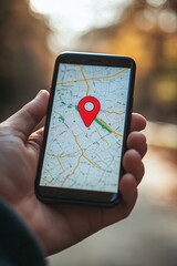 Aufkleber - Person holds a smartphone showing a gps navigation app with a red location pin indicating a specific point on the map