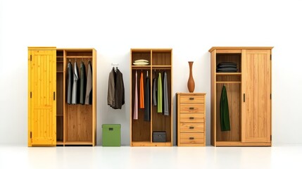 Wall Mural - Wooden Wardrobe Storage Solutions - A collection of stylish wooden wardrobes and chest of drawers, offering efficient storage solutions for clothing and accessories.