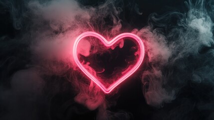 Wall Mural - A solid black background featuring a glowing neon pink heart with soft smoke swirling around it, creating a dreamy effect.