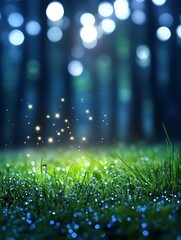 Wall Mural - enchanting firefly meadow - dew-kissed grass in a mystical forest at night, illuminated by fireflies